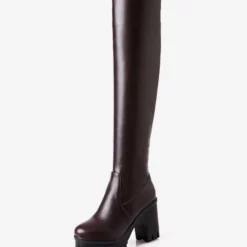 Womens Thigh High Boots Round Toe Chunky Heel Over The Knee Boots
