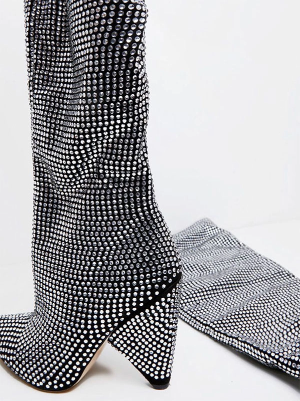 Women's Slouch Boots Elegant Rhinestones Cone Heel Knee High Boots 8 Women's Slouch Boots Elegant Rhinestones Cone Heel Knee High Boots - Image 6