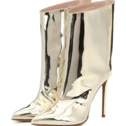 Women Ankle Boots Leather Light Gold Pointed Toe Bright Leather Stiletto Heel High Heel Boots