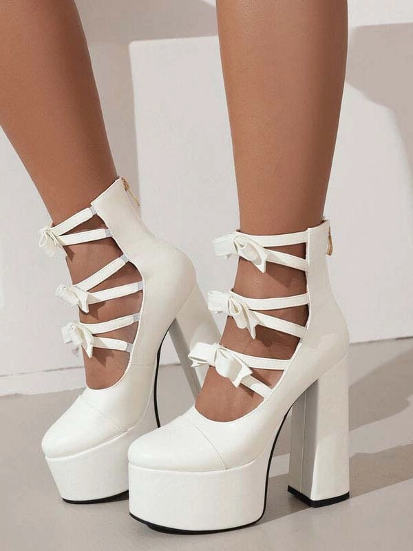 Women's High Heel Booties PU Leather Round Toe Platform Bow Detail Chunky Heel Ankle Boots 5 Women's High Heel Booties PU Leather Round Toe Platform Bow Detail Chunky Heel Ankle Boots - Image 3