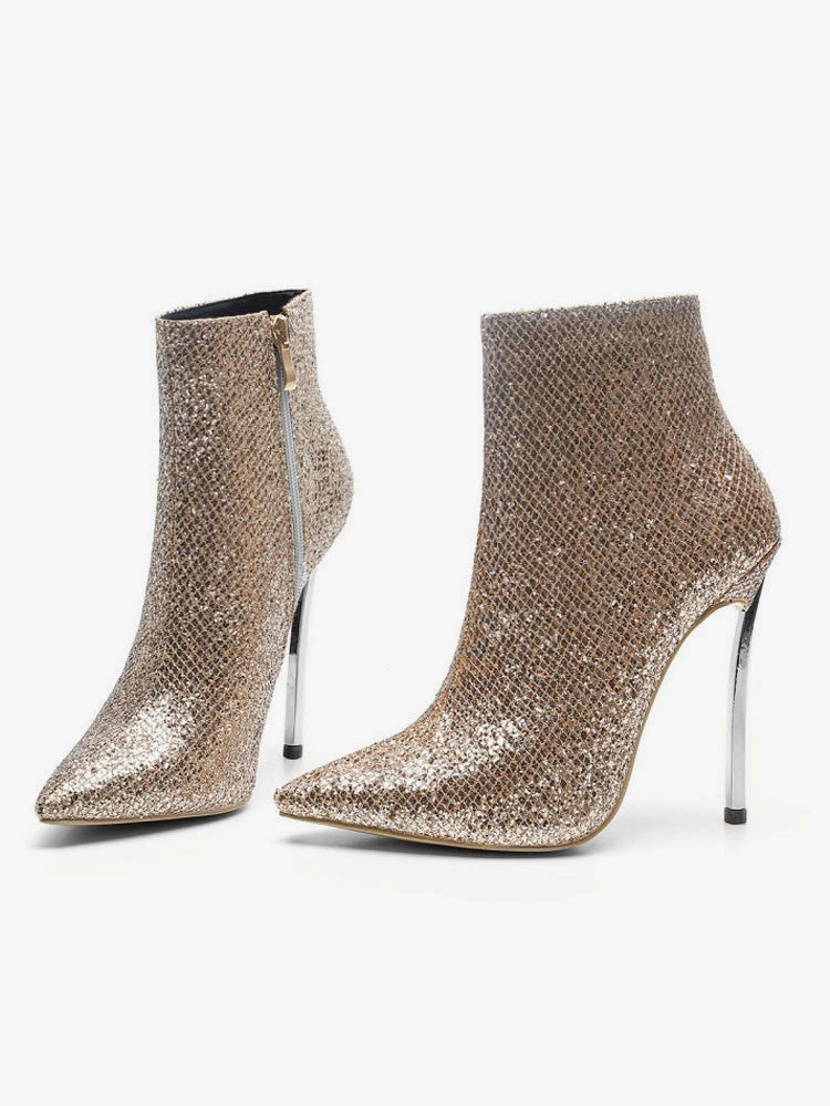 Women Ankle Boots Light Gold Sequined Pointed Toe Stiletto Heel High Heel Booties 6 Women Ankle Boots Light Gold Sequined Pointed Toe Stiletto Heel High Heel Booties - Image 4