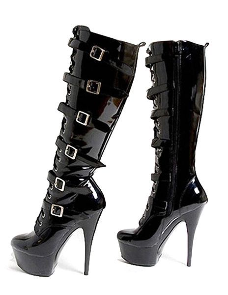 Pole Dance Shoes Platform High Heel Boots Women's Knee Length Club Sexy Shoes Buckle Punk Pole Dancing Patent Heel Boots Stripper Shoes 4 Pole Dance Shoes Platform High Heel Boots Women's Knee Length Club Sexy Shoes Buckle Punk Pole Dancing Patent Heel Boots Stripper Shoes - Image 2