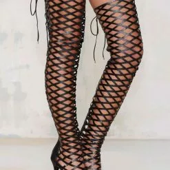 Black Sexy Shoes Over Knee High Heel Open Toe Cut Out Thigh High Boots