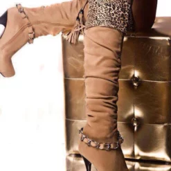 Platform Knee High Womens Coffee Brown Leopard Print Nubuck Almond Toe Stiletto Heel Boots