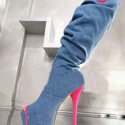 Over The Knee Boots Peep Toe Stiletto Heel Two Tone Blue Thigh High Boots For Women