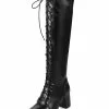 Knee High Boots Womens Solid Color Lace Up Pointed Toe Chunky Heel Boots -UK Winter Shoes Sales 2023 201710091531548745834