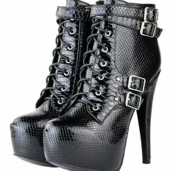 Black Ankle Boots High Heel Stiletto Lace Up Almond Toe Plus Size Buckled Booties For Women
