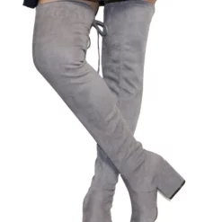 Womens Thigh High Boots Elastic Fabric Solid Color Square Toe Chunky Heel Boots