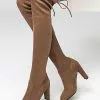 Thigh High Boots Womens Stretch Satin Sanding Lace Up Round Toe Chunky Heel Over The Knee Boots -UK Winter Shoes Sales 2023 201710181609322881274