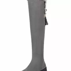 Womens Thigh High Boots Micro Suede Faux Fur Round Toe Low Chunky Heel Winter Boots -UK Winter Shoes Sales 2023 201711151137432151365