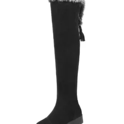 Womens Thigh High Boots Micro Suede Faux Fur Round Toe Low Chunky Heel Winter Boots -UK Winter Shoes Sales 2023 201711151137437326655
