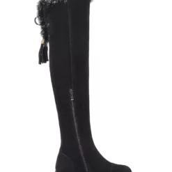 Womens Thigh High Boots Micro Suede Faux Fur Round Toe Low Chunky Heel Winter Boots -UK Winter Shoes Sales 2023 201711151137443711341