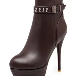 Brown Ankle Boots Women High Heel Booties Platform Round Toe Rhinestones Booties