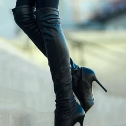 Black Thigh High Boots Womens Nubuck Solid Color Pointed Toe Stiletto Heel Boots