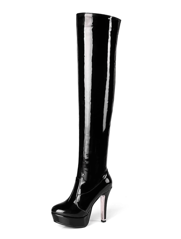 Platform Thigh High Boots Womens Patent Bright Leather Round Toe Stiletto Heel Over The Knee Boots 4 Platform Thigh High Boots Womens Patent Bright Leather Round Toe Stiletto Heel Over The Knee Boots - Image 2