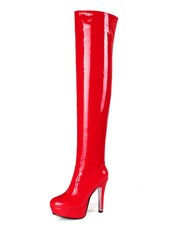 Platform Thigh High Boots Womens Patent Bright Leather Round Toe Stiletto Heel Over The Knee Boots 3 Platform Thigh High Boots Womens Patent Bright Leather Round Toe Stiletto Heel Over The Knee Boots