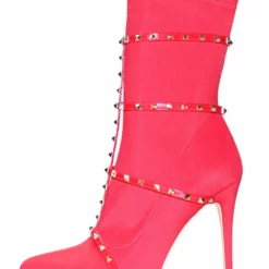 Red Ankle Boots High Heel Booties Pointed Toe Rivets Strappy Stretch Boots