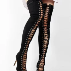 Thigh High Boots Womens Nubuck Lace Up Peep Toe Stiletto Heel Over The Knee Boots