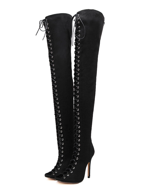 Thigh High Boots Womens Nubuck Lace Up Peep Toe Stiletto Heel Over The Knee Boots 5 Thigh High Boots Womens Nubuck Lace Up Peep Toe Stiletto Heel Over The Knee Boots - Image 3
