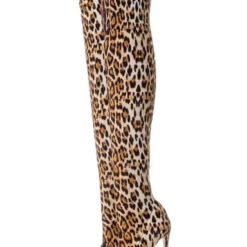 Black Thigh High Boots Womens Elastic Fabric Leopard Print Pointed Toe Stiletto Heel Over The Knee Boots