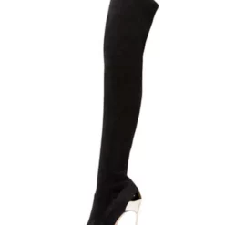 Black Thigh High Boots Womens Elastic Fabric Pointed Toe Stiletto Heel Over The Knee Boots