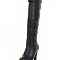 Platform Knee High Boots Womens Almond Toe Chunky Bright Leather Heel Boots