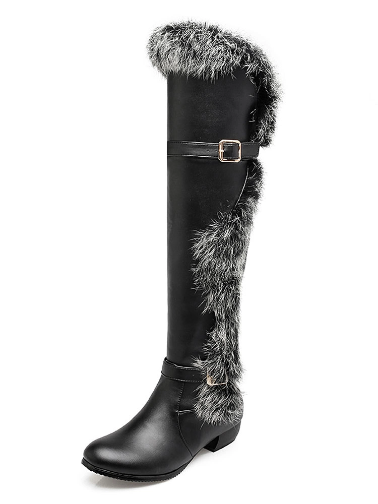 Knee High Boots Womens And Faux Fur Round Toe Low Chunky Heel Boots 5 Knee High Boots Womens And Faux Fur Round Toe Low Chunky Heel Boots - Image 3