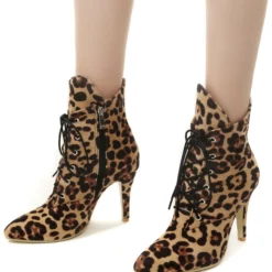 High Heel Boots Women Leopard Pointed Toe Lace Up Ankle Boots