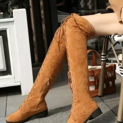 Thigh High Boots Womens Micro Suede Lace Up Round Toe Chunky Heel Over The Knee Boots -UK Winter Shoes Sales 2023 201809131851287984234