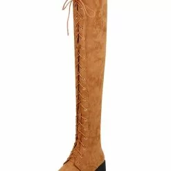Thigh High Boots Womens Micro Suede Lace Up Round Toe Chunky Heel Over The Knee Boots