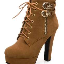 Brown Ankle Boots Suede Platform Buckle Detail Lace Up High Heel Boots