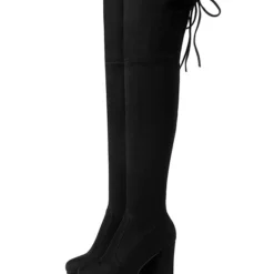 Platform Thigh High Boots Womens Elastic Fabric Lace Up Almond Toe Chunky Heel Over The Knee Boots -UK Winter Shoes Sales 2023 201810061344196544656