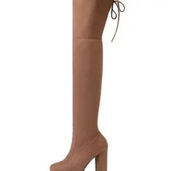 Platform Thigh High Boots Womens Elastic Fabric Lace Up Almond Toe Chunky Heel Over The Knee Boots -UK Winter Shoes Sales 2023 201810061344199327387