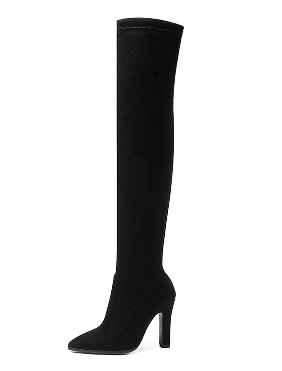 Thigh High Boots Womens Elastic Fabric Pointed Toe Chunky Heel Over The Knee Boots 4 Thigh High Boots Womens Elastic Fabric Pointed Toe Chunky Heel Over The Knee Boots - Image 2