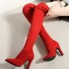 Thigh High Boots Womens Elastic Fabric Pointed Toe Chunky Heel Over The Knee Boots
