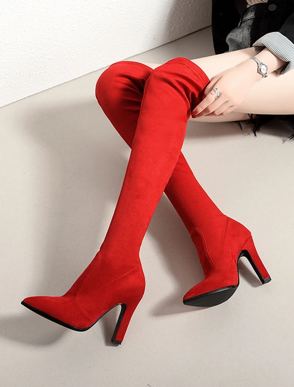 Thigh High Boots Womens Elastic Fabric Pointed Toe Chunky Heel Over The Knee Boots 3 Thigh High Boots Womens Elastic Fabric Pointed Toe Chunky Heel Over The Knee Boots