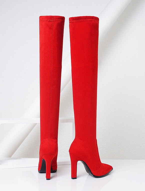 Thigh High Boots Womens Elastic Fabric Pointed Toe Chunky Heel Over The Knee Boots 14 Thigh High Boots Womens Elastic Fabric Pointed Toe Chunky Heel Over The Knee Boots - Image 12