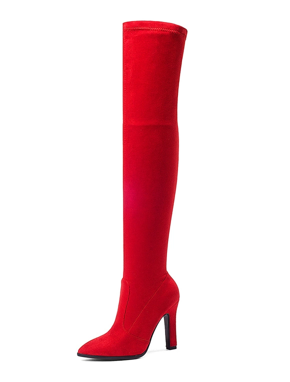 Thigh High Boots Womens Elastic Fabric Pointed Toe Chunky Heel Over The Knee Boots 5 Thigh High Boots Womens Elastic Fabric Pointed Toe Chunky Heel Over The Knee Boots - Image 3