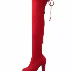 Platform Thigh High Boots Womens Elastic Fabric Lace Up Almond Toe Chunky Heel Over The Knee Boots -UK Winter Shoes Sales 2023 201810061344580256278