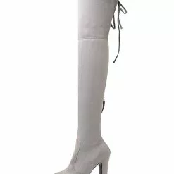 Platform Thigh High Boots Womens Elastic Fabric Lace Up Almond Toe Chunky Heel Over The Knee Boots -UK Winter Shoes Sales 2023 201810061344591911507