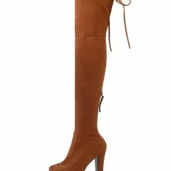 Platform Thigh High Boots Womens Elastic Fabric Lace Up Almond Toe Chunky Heel Over The Knee Boots -UK Winter Shoes Sales 2023 201810061344594695