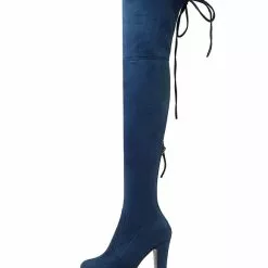Platform Thigh High Boots Womens Elastic Fabric Lace Up Almond Toe Chunky Heel Over The Knee Boots -UK Winter Shoes Sales 2023 201810061344597651658