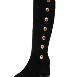 Knee High Boots Womens Micro Suede Studded Round Toe Chunky Heel Boots