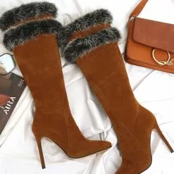 Knee High Boots Womens Micro Suede Faux Fur Pointed Toe Stiletto Heel Winter Boots -UK Winter Shoes Sales 2023 201810121707088045568