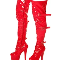 Pole Dance Shoes Red Sexy Boots Women Platform Buckle Detail Zip Up Over The Knee Boots High Heel Thigh High Boots Stripper Shoes