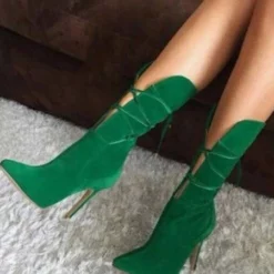 High Heel Boots Women Pointed Toe Lace Up Booties
