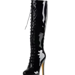 Platform Knee High Boots Womens Patent Solid Color Bright Leather Lace Up Round Toe Stiletto Heel Boots