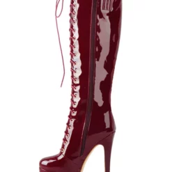 Platform Knee High Boots Womens Patent Solid Color Bright Leather Lace Up Round Toe Stiletto Heel Boots -UK Winter Shoes Sales 2023 201907101733203078075