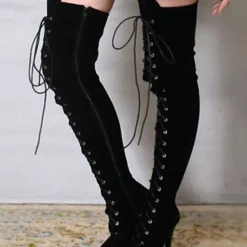 Women Sexy Boots Round Toe Lace Up Zipper Stiletto Heel Rave Club Black Thigh High Boots