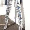 Silver Thigh High Boots Womens Patent Leather Pointed Toe Bright Leather Stiletto Heel Boots